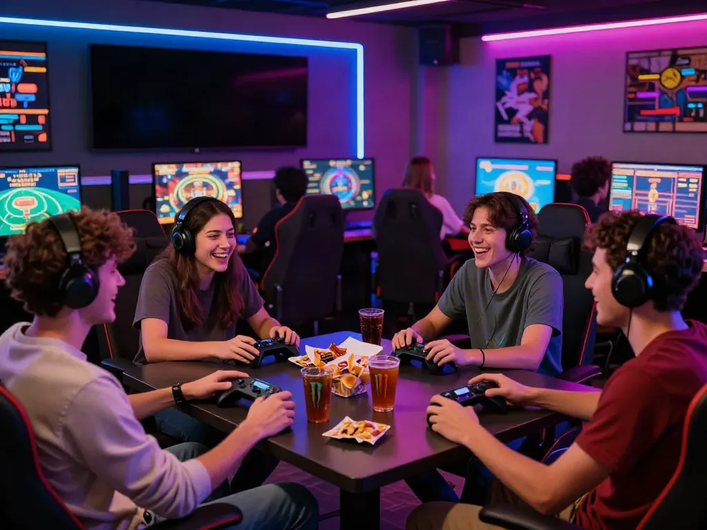 Group of friends enjoying games in a lively gaming lounge, emphasizing non gamstop casinos uk.