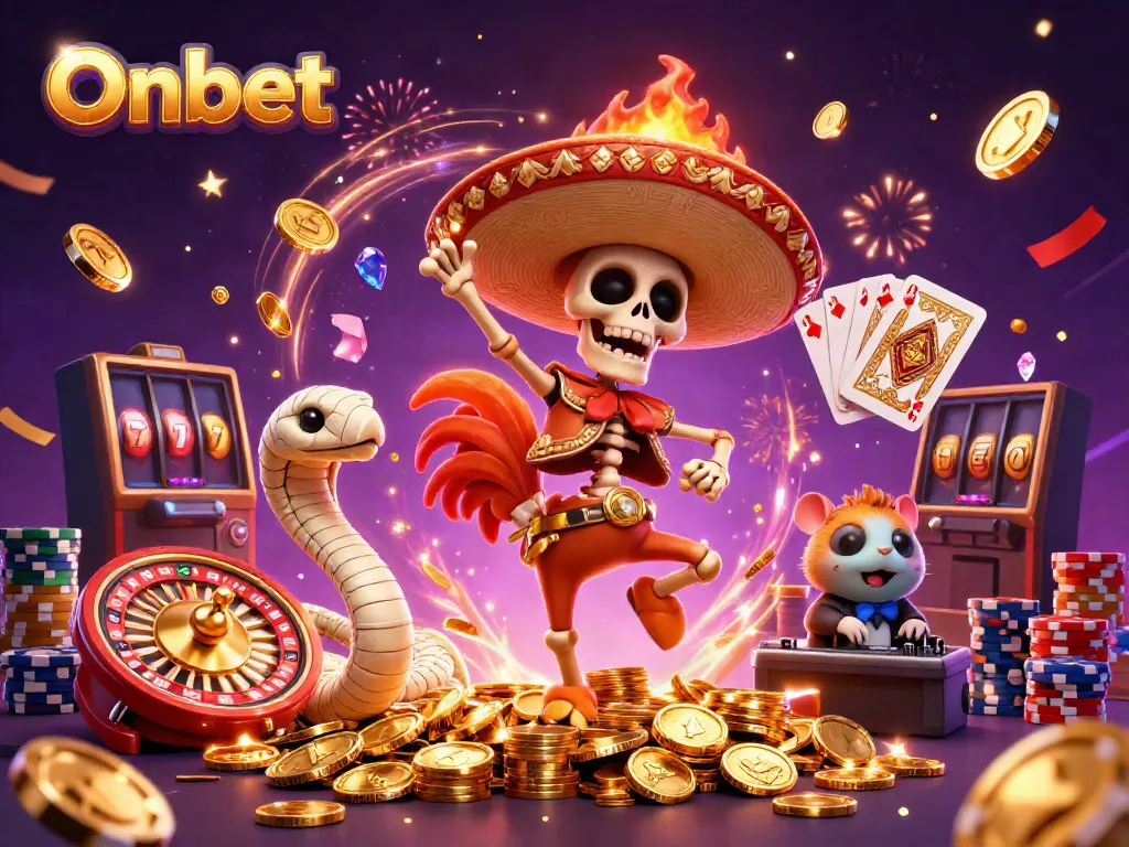 Experience thrilling casino action with Onbet’s dazzling 3D illustration featuring vibrant characters and gold coins.