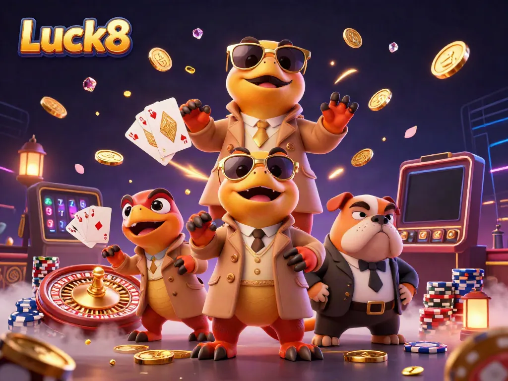 Experience Luck8 casino with raptors and coins in a vibrant 3D scene.