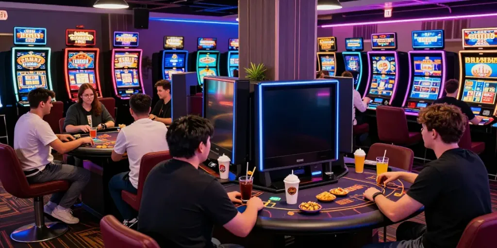 Experience non GamStop casinos UK with diverse players enjoying vibrant digital gaming ambiance.