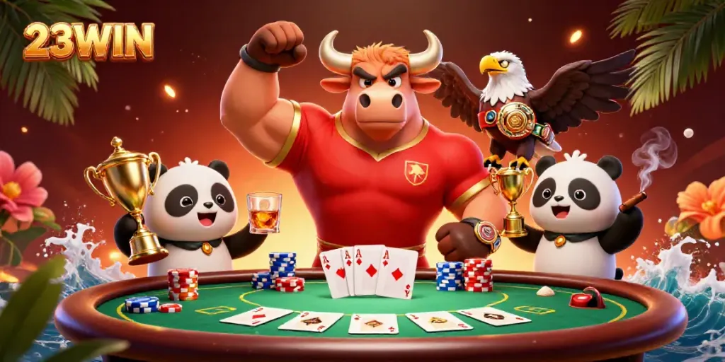 Experience thrilling poker action with 23WIN, featuring vibrant characters and a packed scene.