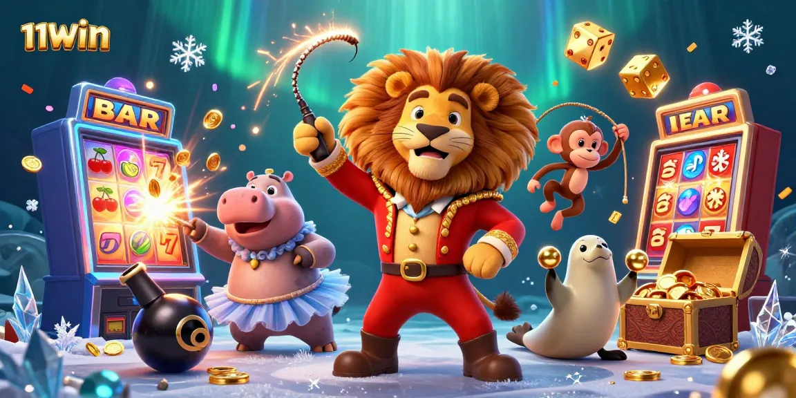 Experience the thrill of 11WIN with a dynamic casino scene featuring colorful characters and game elements.