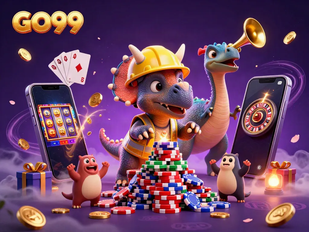 Engaging GO99 scene with a cartoon triceratops and casino elements celebrating wins.