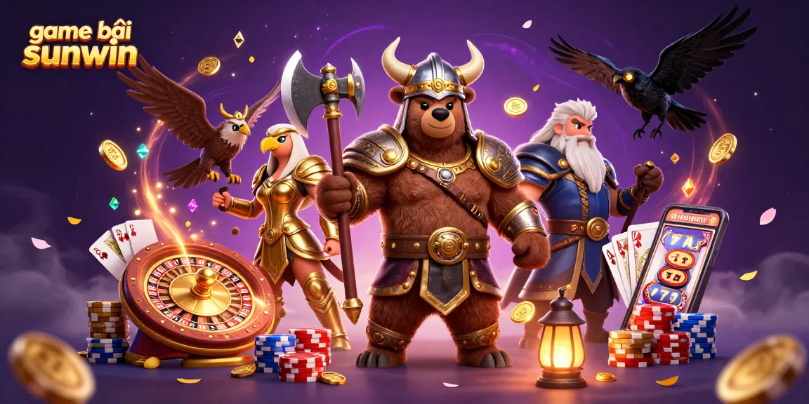 Experience game bài sunwin with exciting characters and dynamic casino elements in a vibrant 3D illustration.