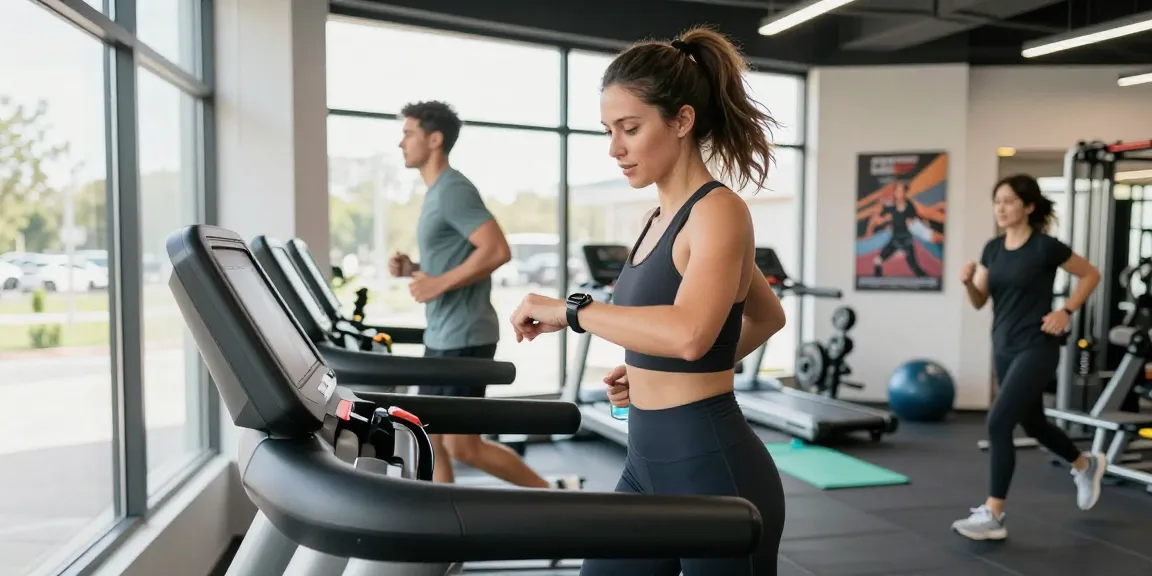 Active woman checking her health tracker watch during a workout in a bright gym.