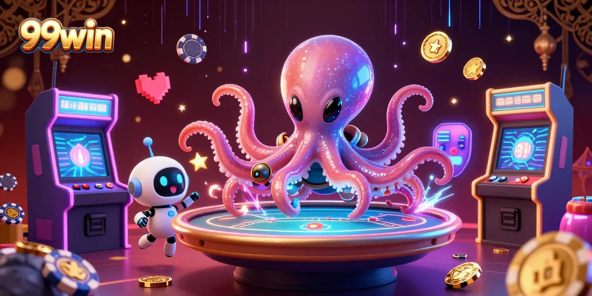 Engage with 99win's thrilling poker experience featuring an alien octopus and robot in action.