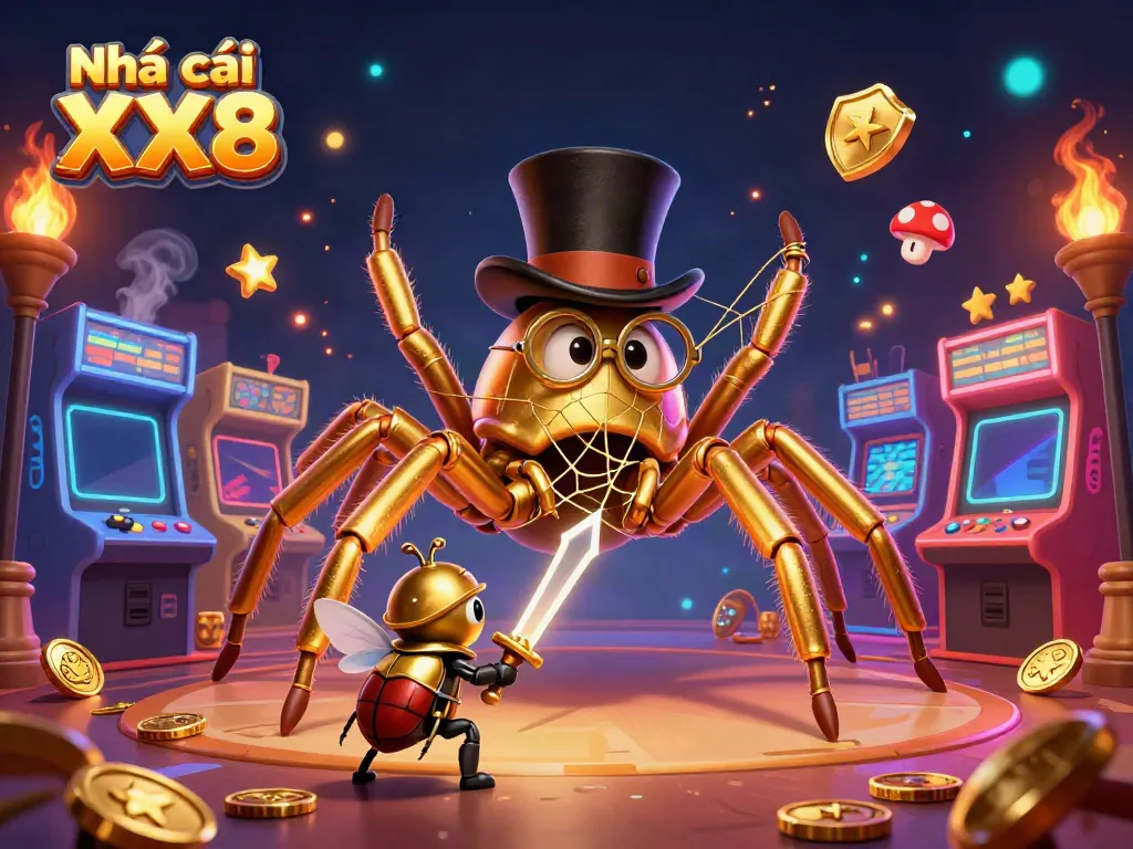 Engage in thrilling excitement with Nhà cái XX8, vibrant games, golden tarantula, and colorful arcade machines.