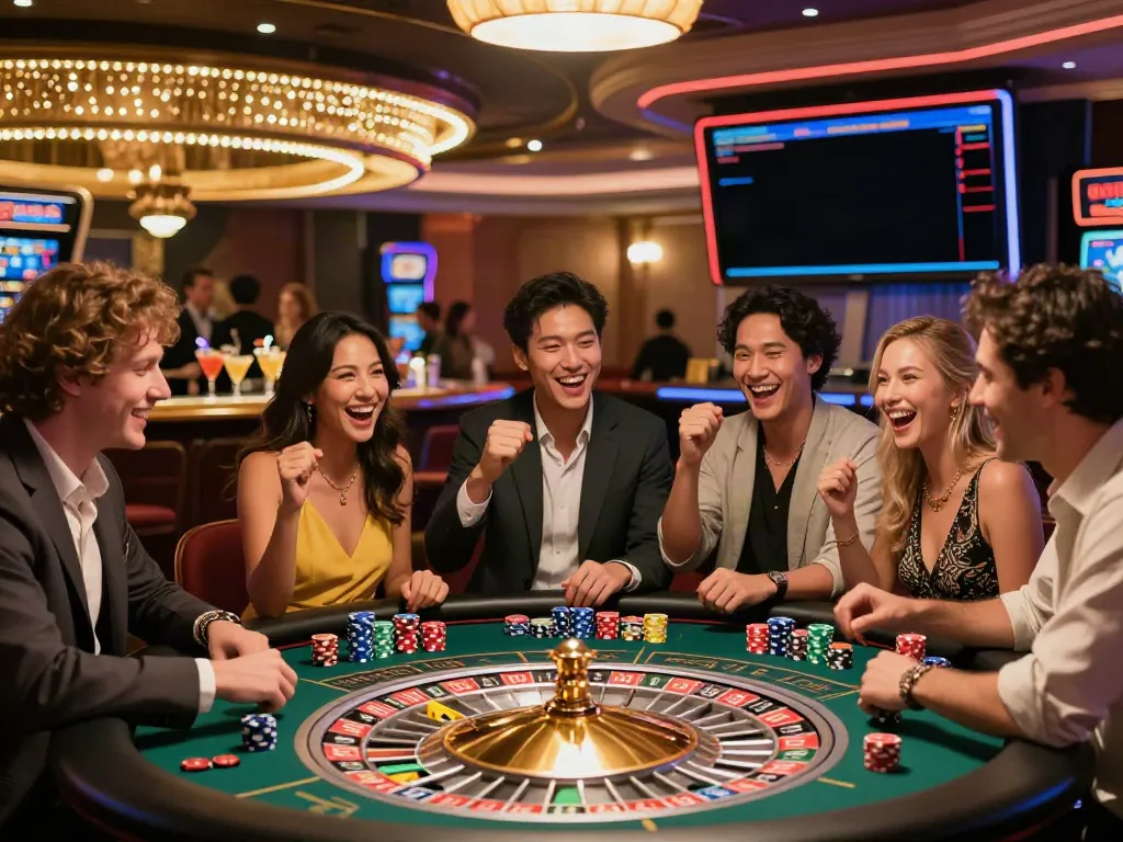 Friends enjoying vibrant atmosphere at non GamStop casinos UK, celebrating wins around a roulette table.