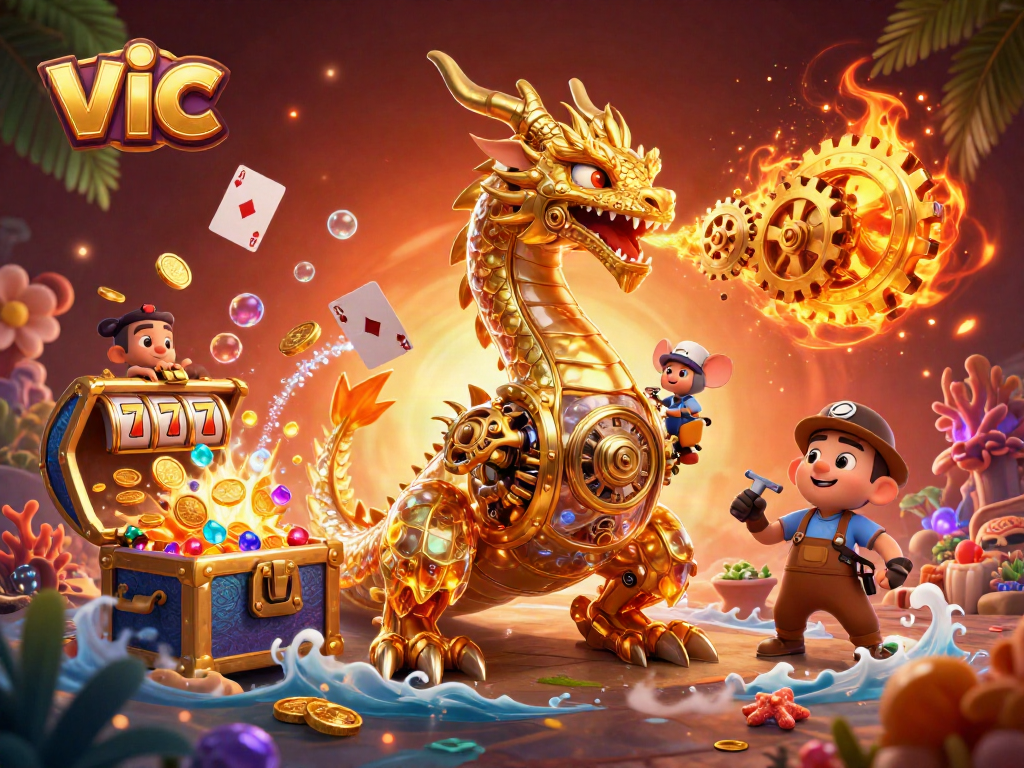 Experience the excitement of vic with immersive 3D casino elements and a captivating golden dragon illustration.