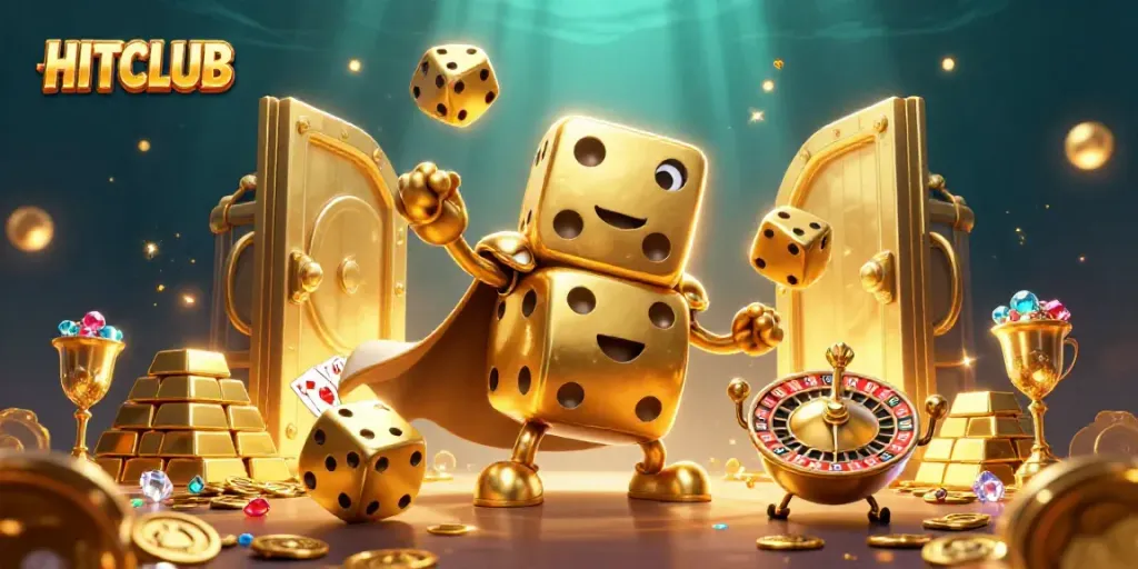 Engage with HITCLUB's vibrant 3D gaming scene featuring golden dice and treasure, enhancing the gaming experience.