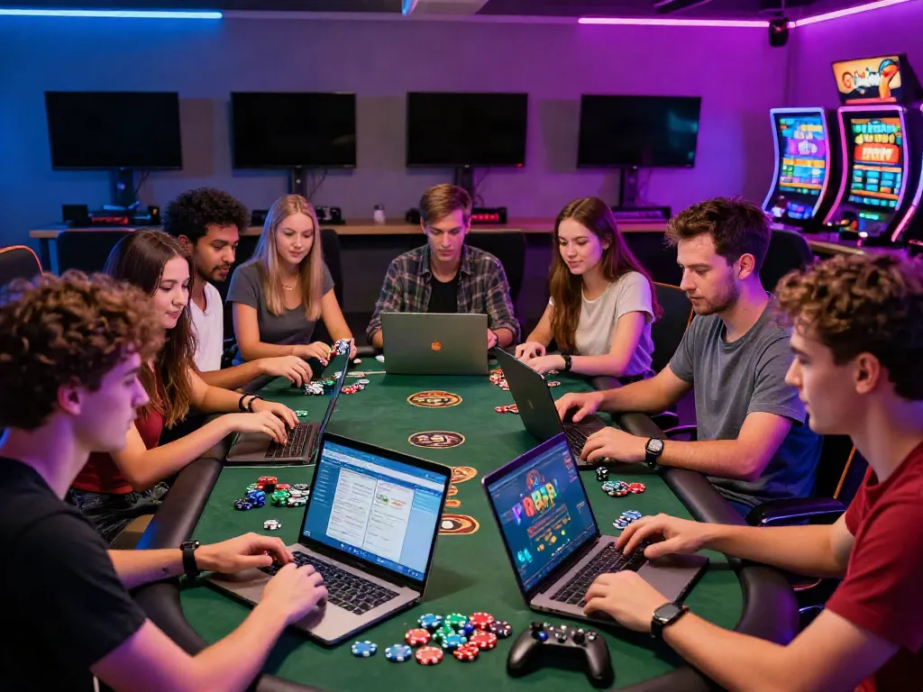 Friends enjoying games at non Gamstop casinos UK with vibrant atmosphere and gaming elements.