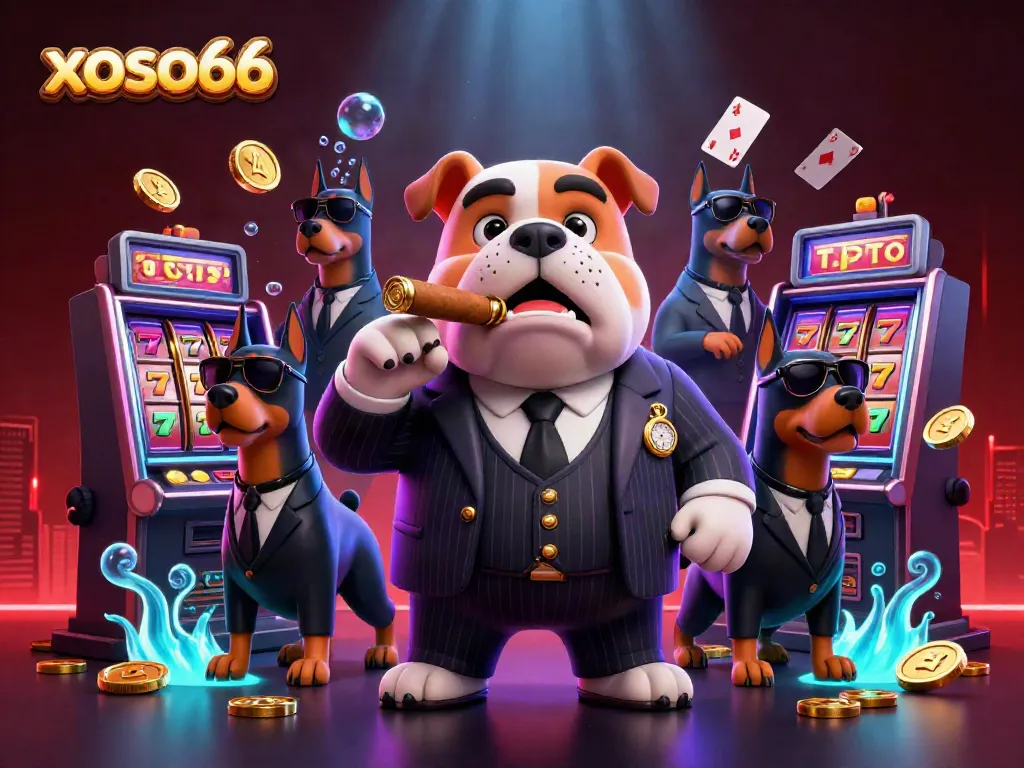 Engage in thrilling gameplay with xoso66 as the mafia boss bulldog and doberman guards showcase casino excitement.
