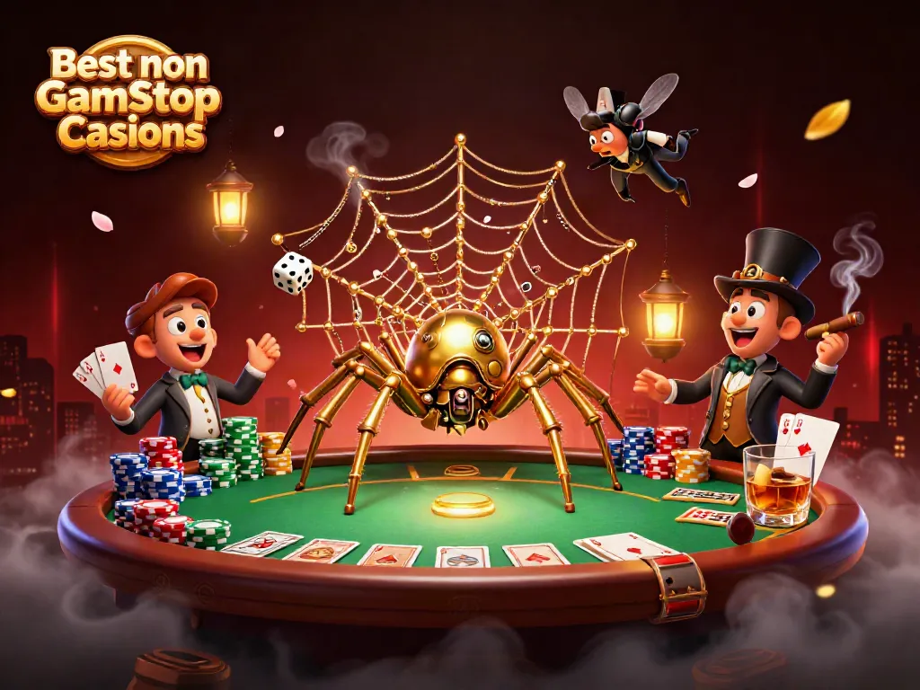 Engage with the immersive world of Best non Gamstop Casinos featuring a golden spider and poker elements.