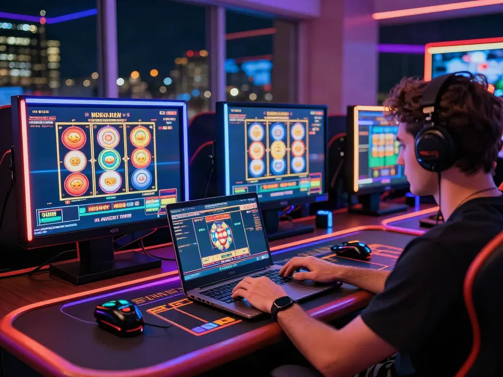 Engaged player at non GamStop casinos UK gaming on a laptop with vibrant LED lighting.