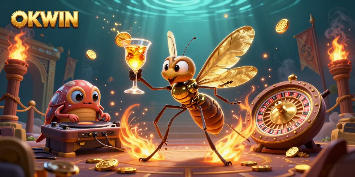 Experience the engaging OKWIN casino scene with spirited characters and shimmering gold elements.