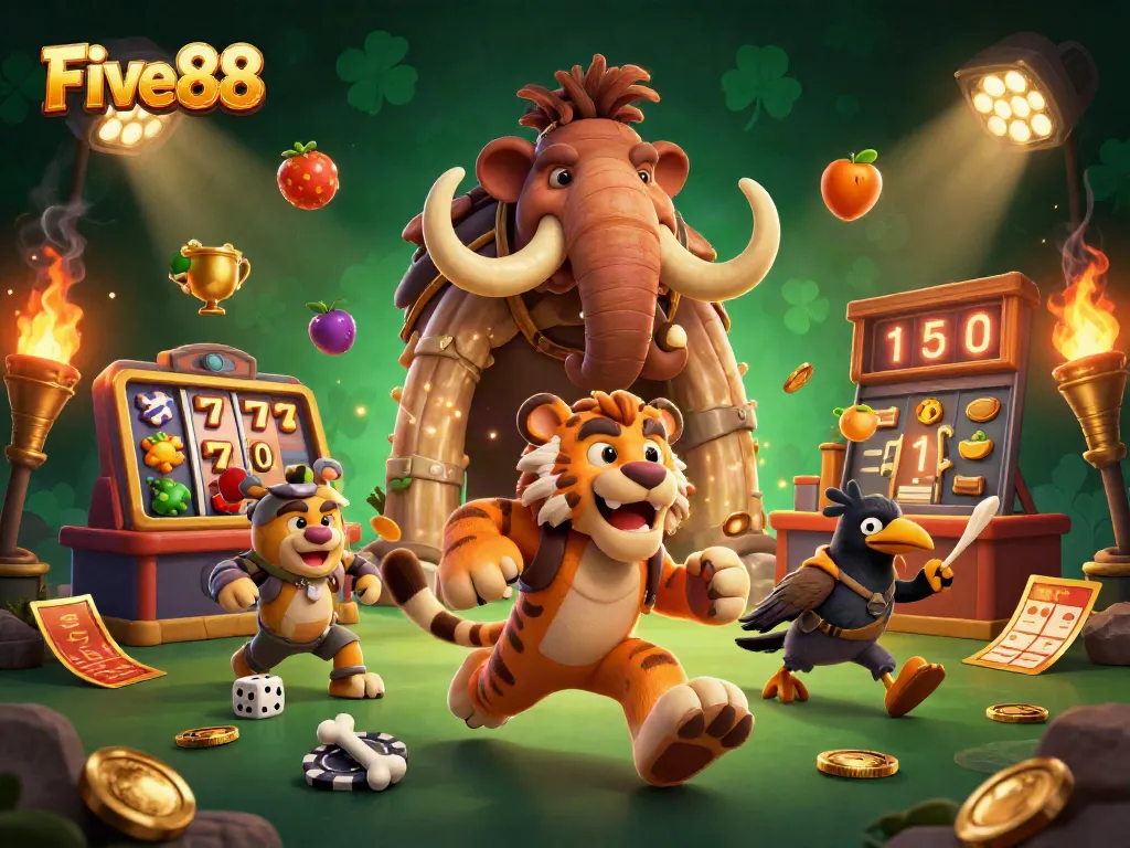 Experience exciting gameplay at Five88 with vibrant slot machines and lively casino elements in a dynamic 3D scene.