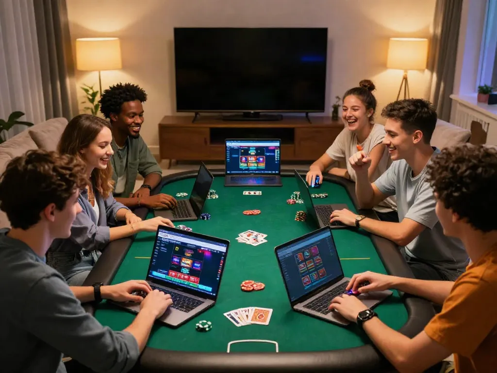 Group of friends enjoying non Gamstop casinos UK gaming night with laptops and colorful lights