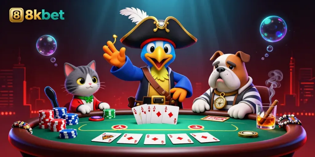 Engage in the excitement of 8xbet's poker world with colorful chips, aces, and vibrant game elements in a lively 3D illustration.