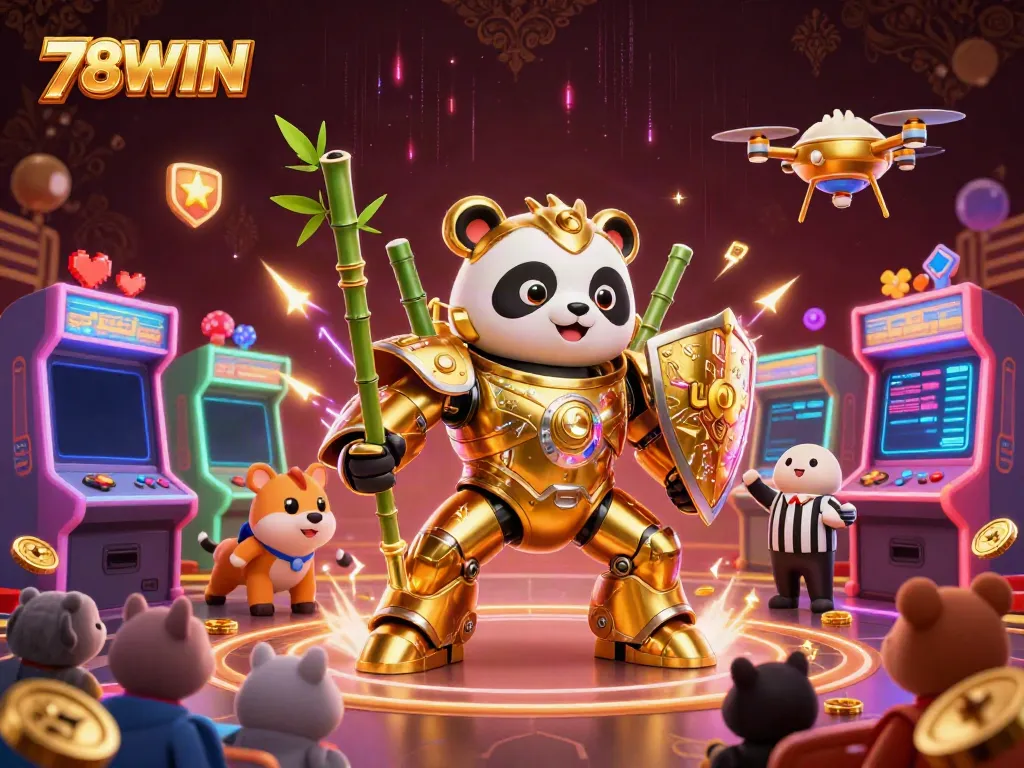 Engage in thrilling gameplay with 78WIN in an exciting 3D casino scene featuring a mech-suit panda.