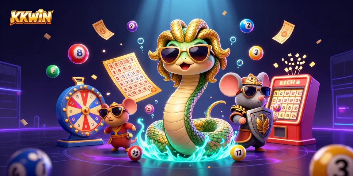 KKWIN brings excitement with friendly Medusa and a warrior mouse amidst colorful lottery elements in a vibrant casino scene.