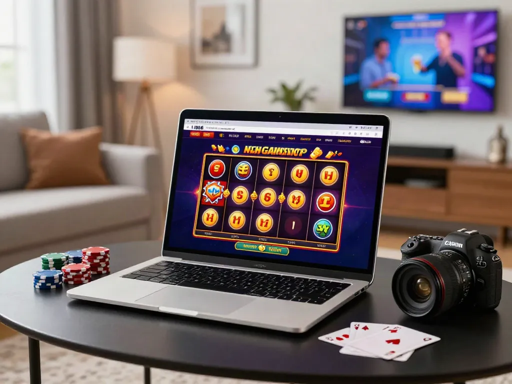 Engaging scene of a player interacting with non gamstop casinos uk website on a laptop surrounded by colorful gaming elements.