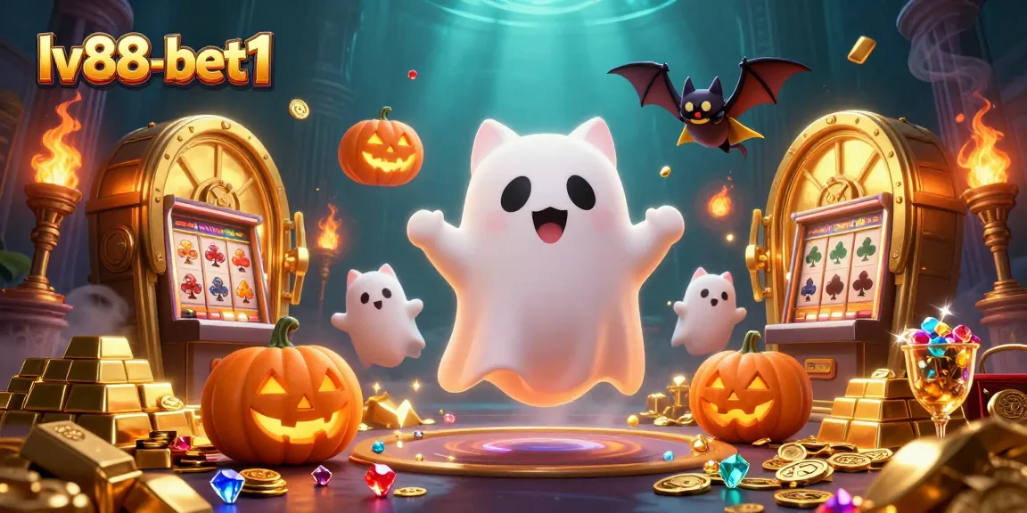Engage in thrilling gaming at lv88-bet1 with a ghost cat and bat in a vibrant haunted casino scene.