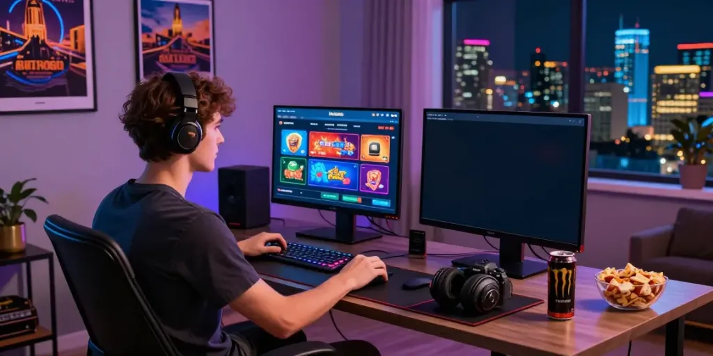 Engaging non gamstop casinos uk gaming setup with vibrant screens and lively décor.