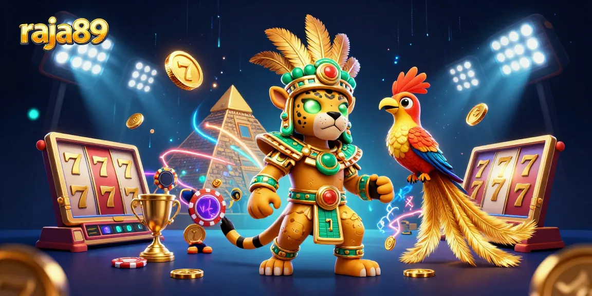 Experience winning at raja89 with this vibrant 3D illustration showcasing dynamic jackpot elements.