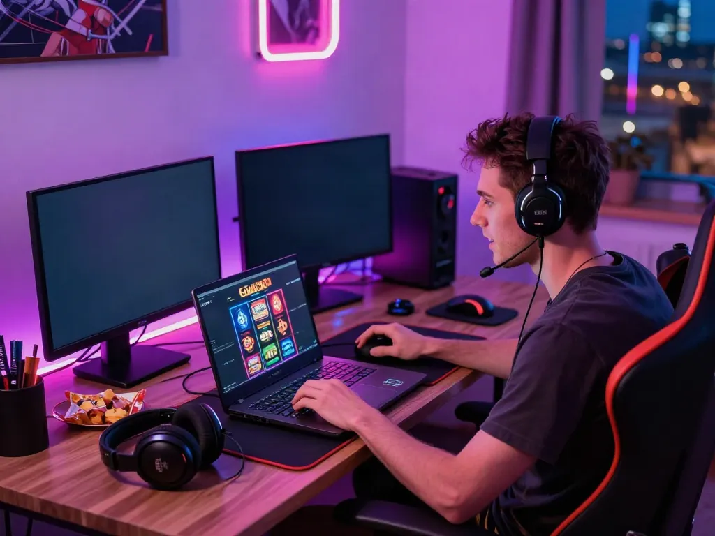 Engaged player at stylish gaming setup exploring non GamStop casinos UK games.