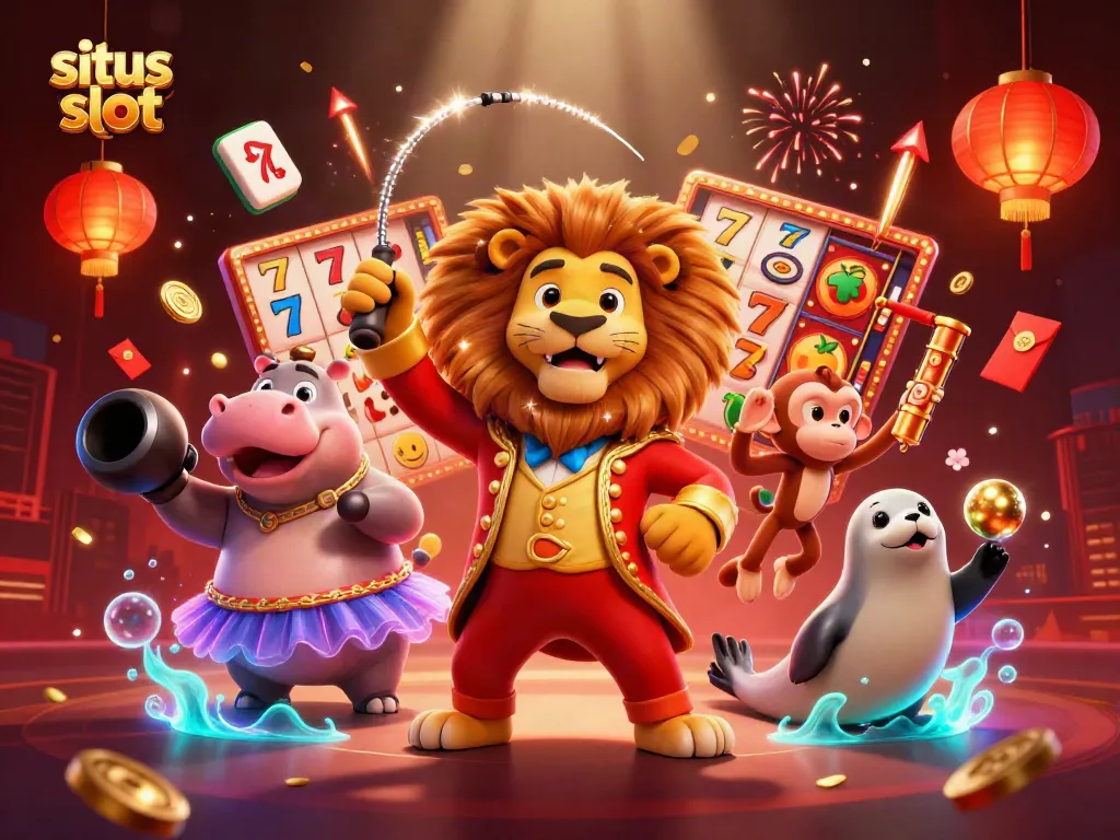 Situs slot showcases a lively circus scene with characters like a lion and hippo among slot reels, symbolizing exciting gameplay.
