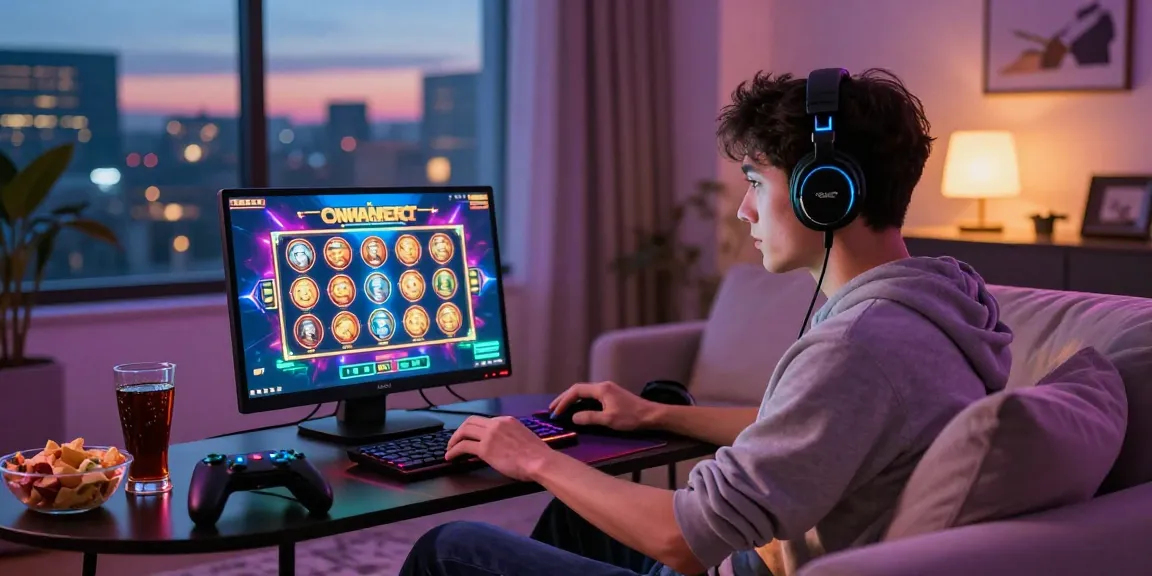 Situs slot deposit 10 ribu player enjoying vibrant gaming experience in cozy living room.