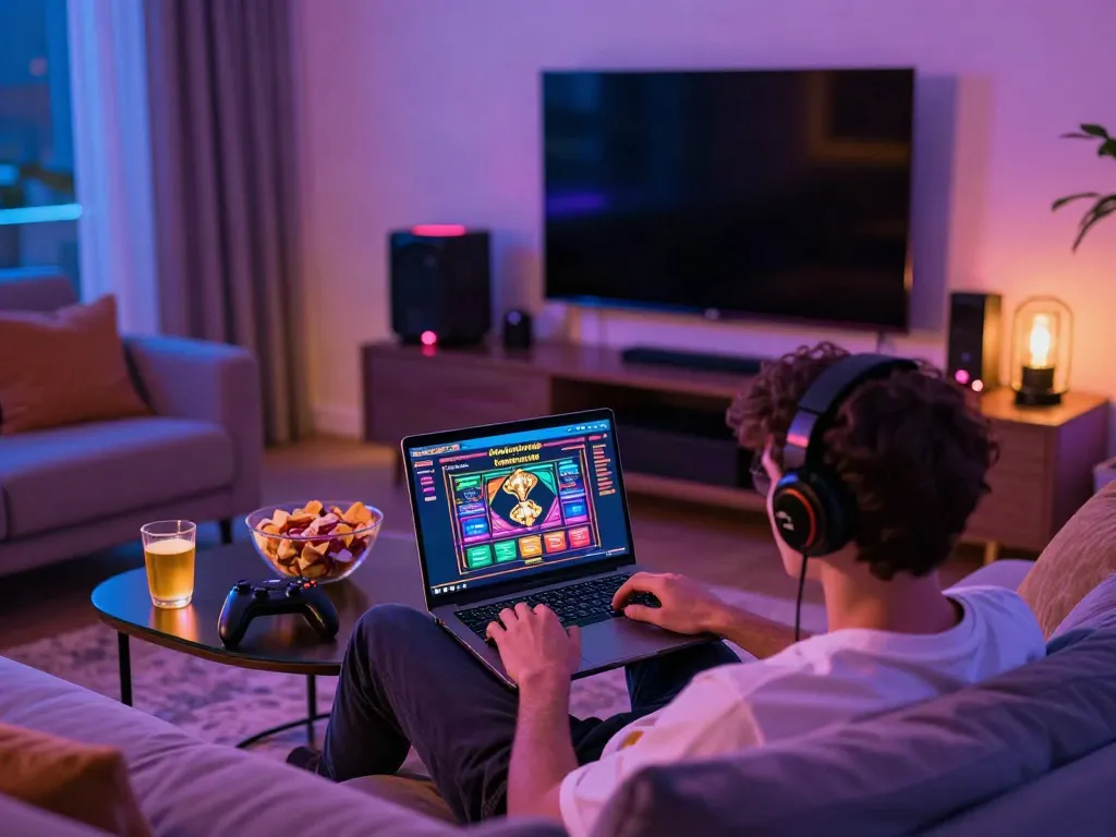 Engaging home gaming scene with non gamstop casinos uk highlighted on laptop and vibrant atmosphere.