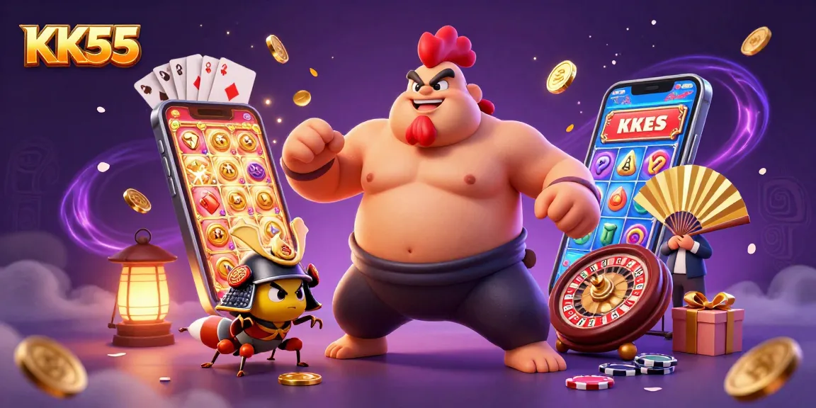 Spin to win with KK55: a vibrant 3D digital casino scene featuring slot games and action-packed characters.
