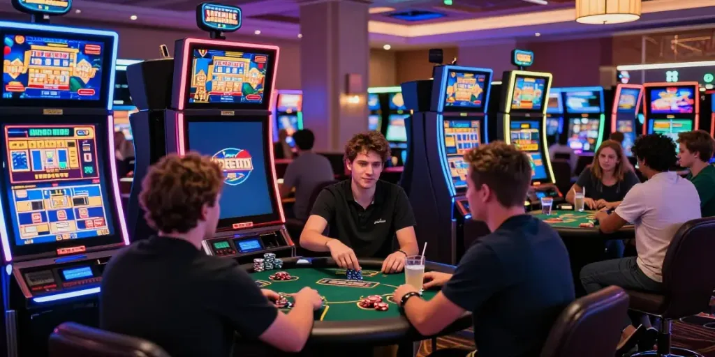 Enthusiastic players enjoying non gamstop casinos uk, vibrant slot machines and poker tables in an inviting gaming environment.