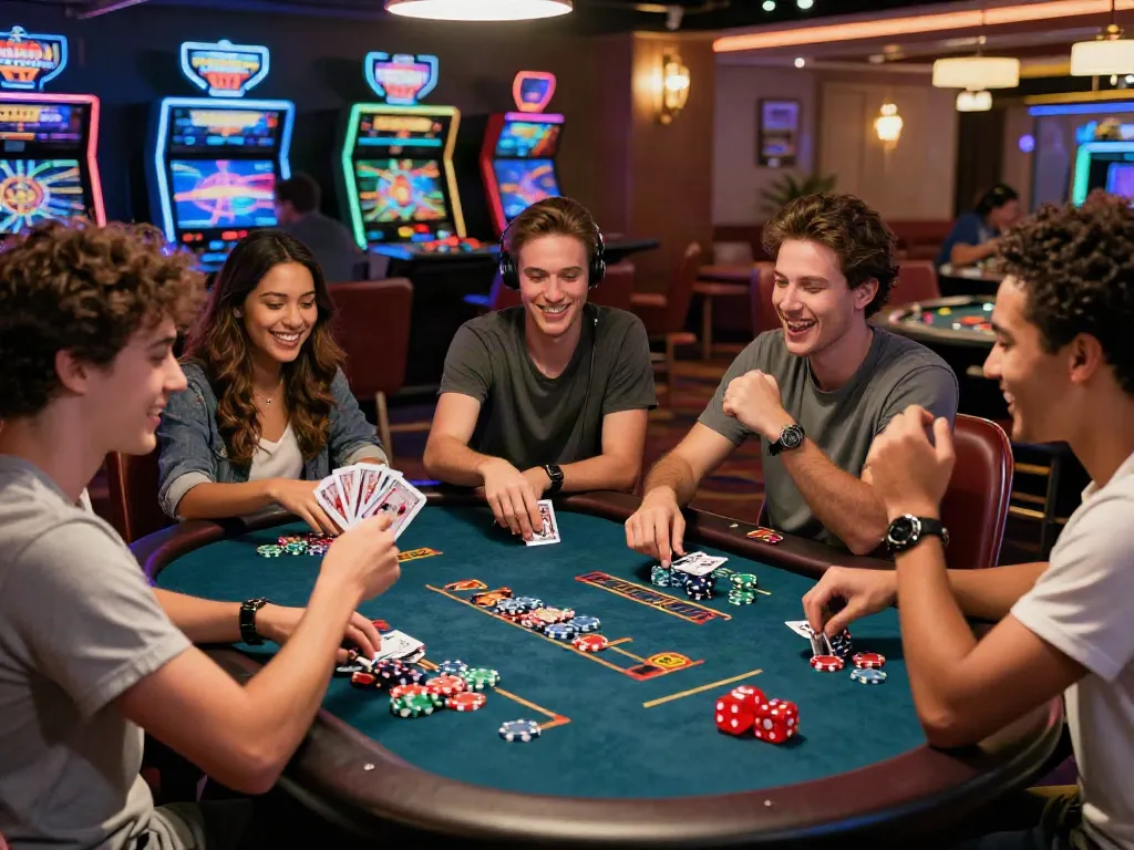 A lively scene showcasing friends celebrating their wins at non GamStop casinos UK, surrounded by card games and vibrant casino environment.