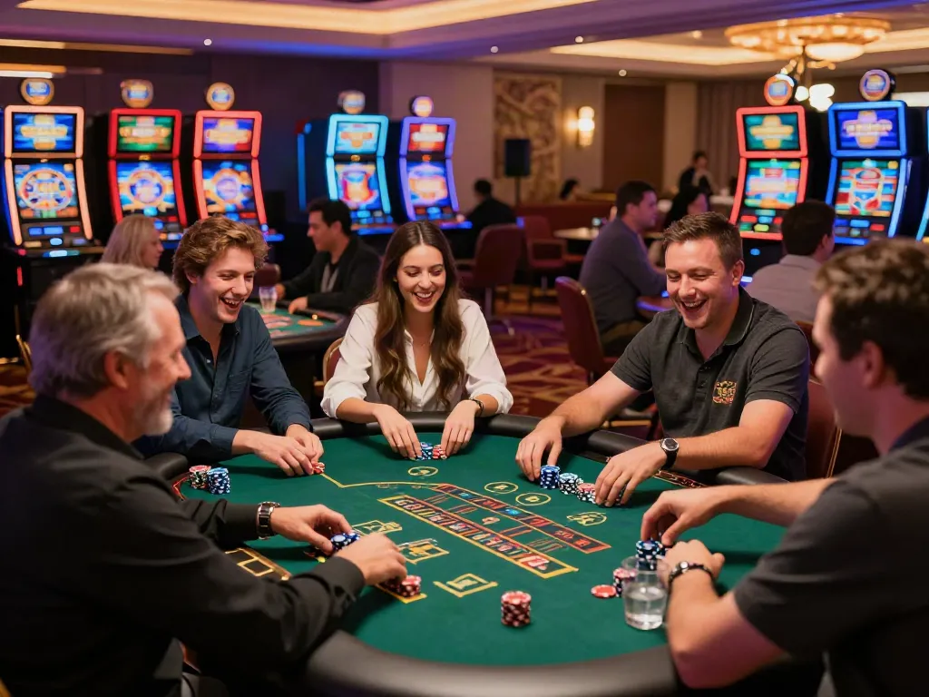 Exciting scene at non GamStop casinos UK with players enjoying various table games and vibrant slot machines.