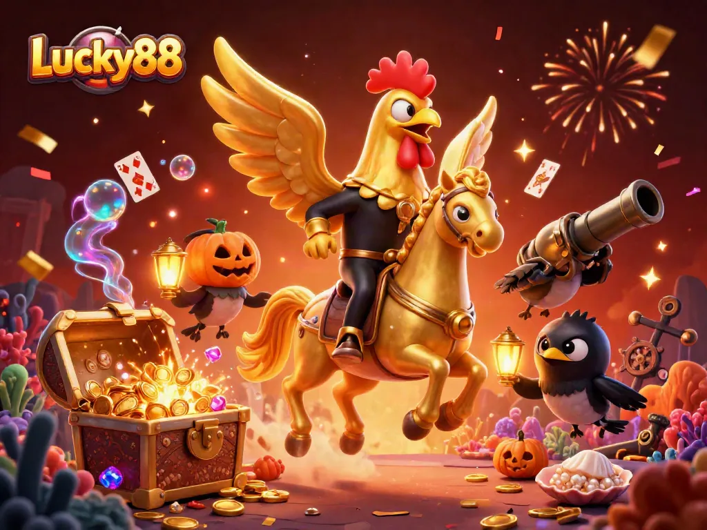 Experience thrilling wins with Lucky88 at the casino, highlighted by vibrant characters and dynamic elements.