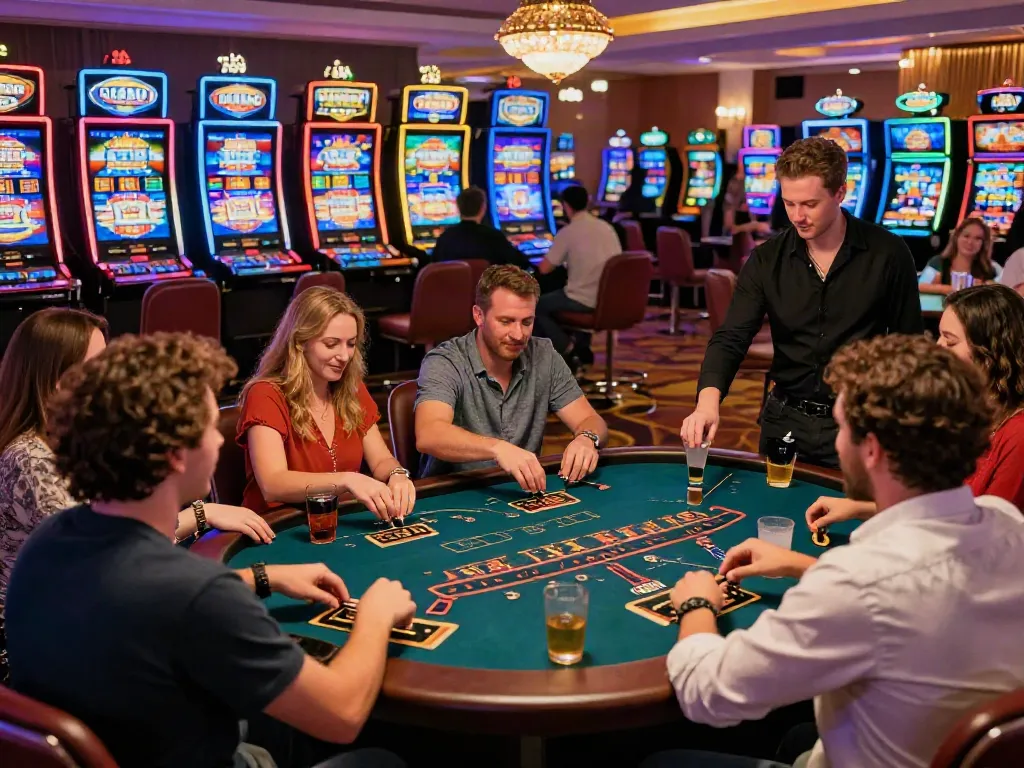 Friends enjoying games at non gamstop casinos UK, vibrant atmosphere with slot machines.