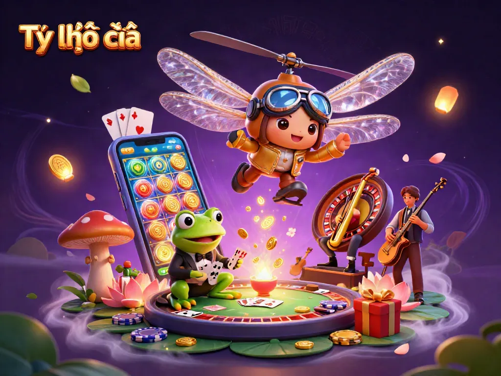 Tỷ lệ kèo nhà cái illustration featuring a dragonfly pilot and frog croupier in an enchanting casino.