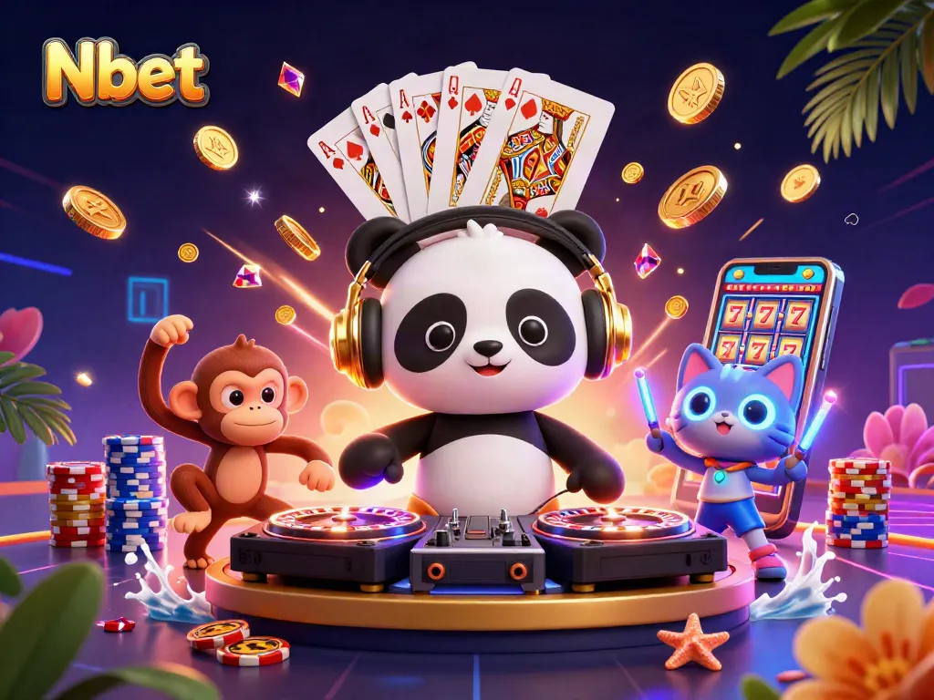 Nbet offers an exciting casino experience with a DJ panda and vibrant gambling elements.