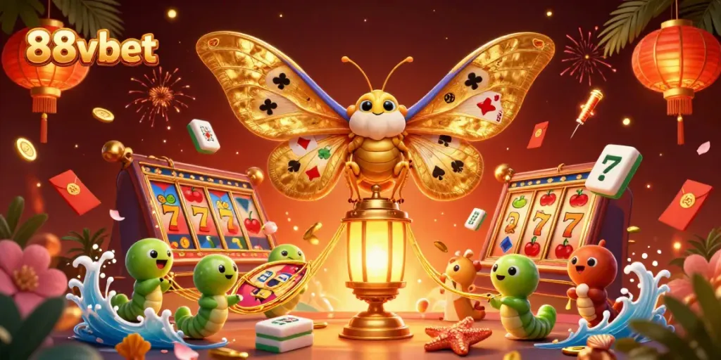 Engage with 88vbet in this vibrant casino illustration featuring a golden-winged moth amidst the excitement of gaming.