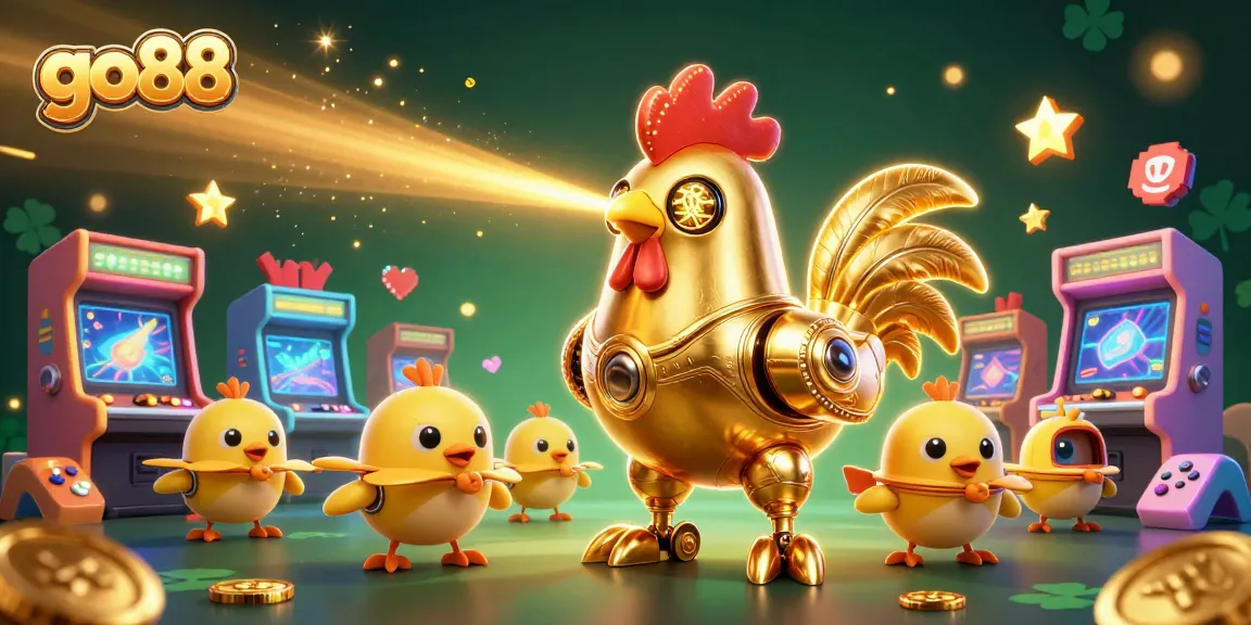 Experience thrilling gameplay with go88 and the dynamic golden rooster robot in a colorful casino arcade.