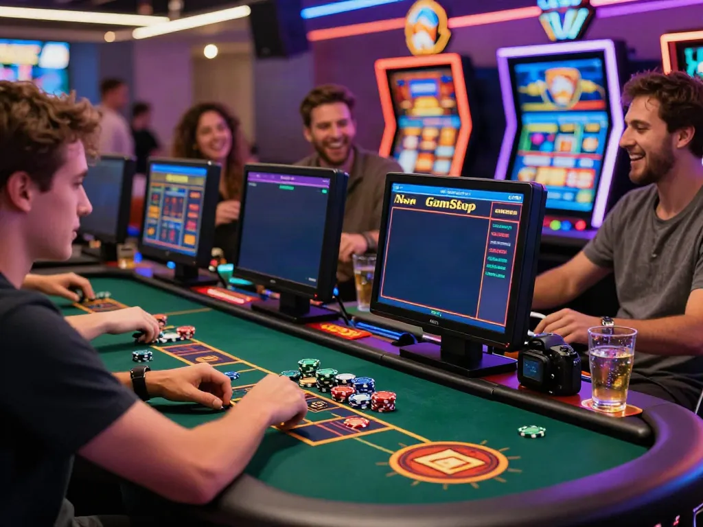 Exciting non GamStop casinos UK scene with players engaged in games and vibrant neon lights.