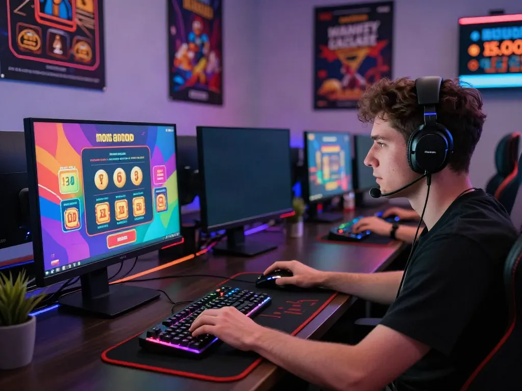 Player immersed in online gaming at a computer showcasing non gamstop casinos UK features.