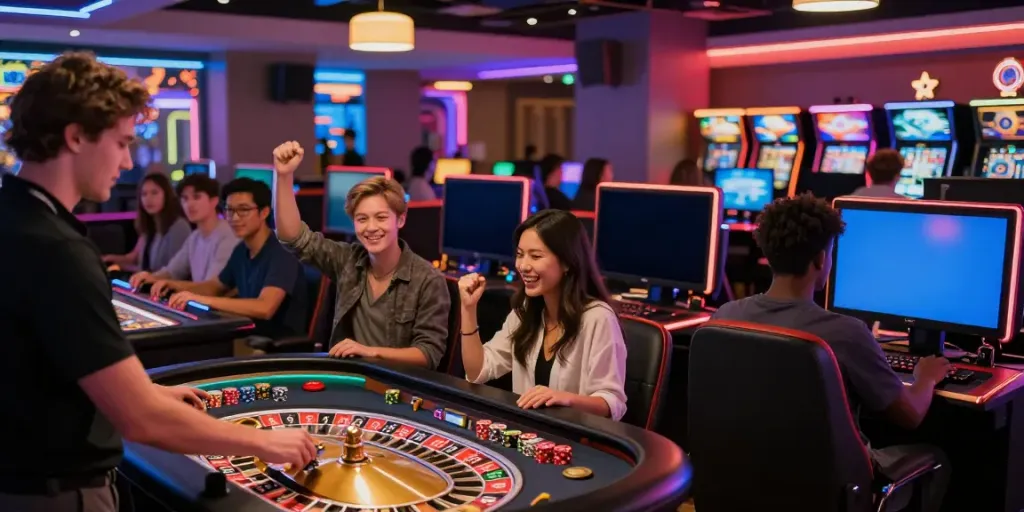 Dynamic gaming lounge showcasing non gamstop casinos uk atmosphere with vibrant players and neon lights.