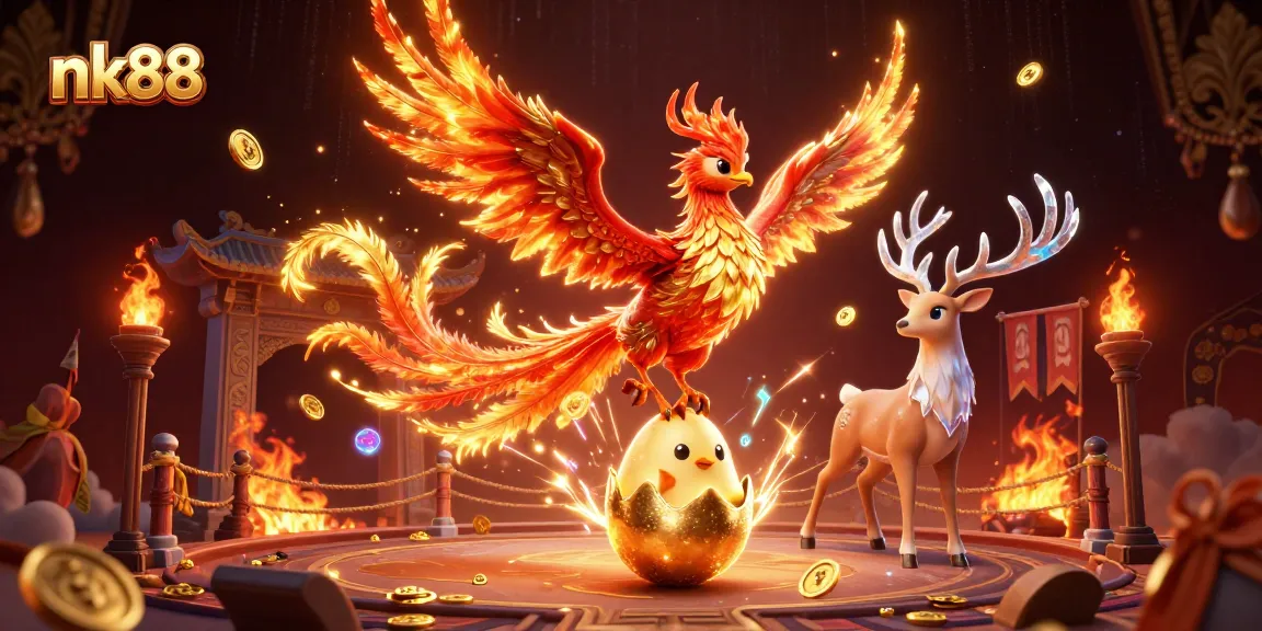 Experience gaming thrill with nk88 as a phoenix rises, amidst coins and vibrant casino elements.