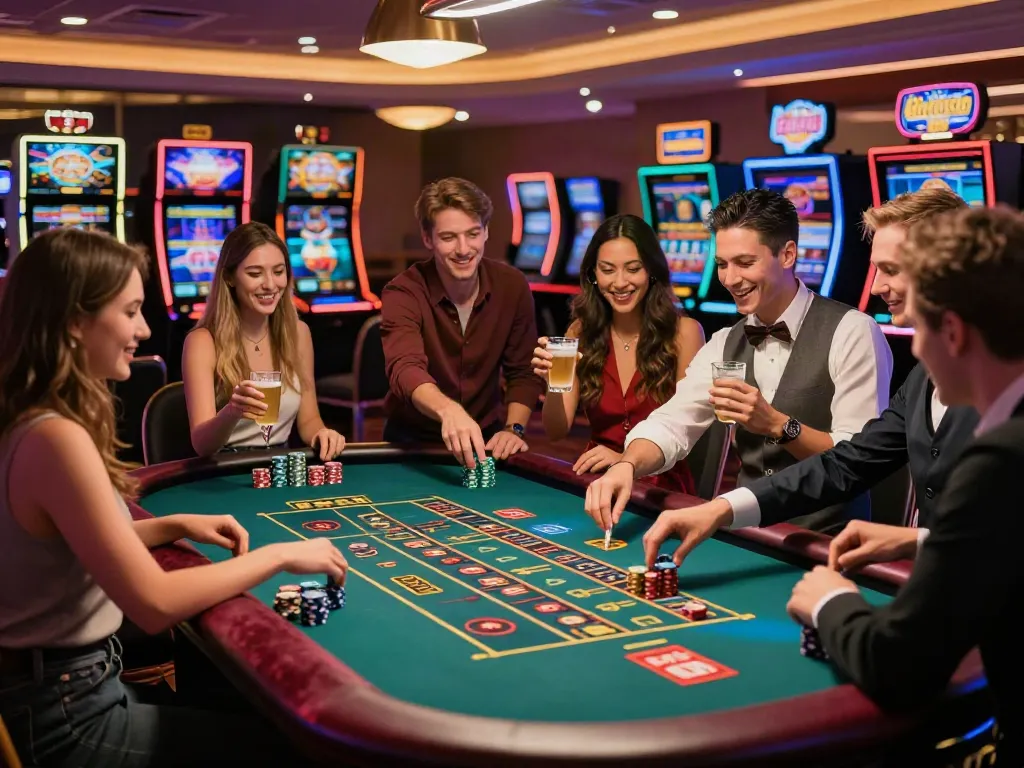 Exciting group enjoying non GamStop casinos UK roulette game at lively venue