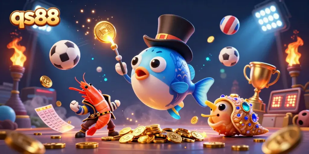 Experience qs88 with a deep-sea anglerfish and shrimp amidst golden sports-themed treasures.