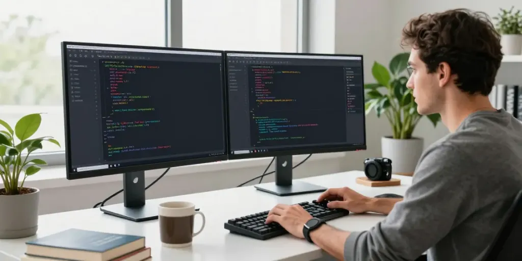 Developer engaged in instant indexing setup at a modern tech workspace