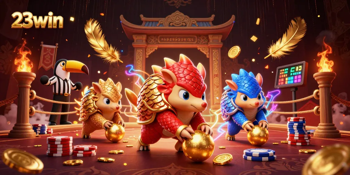 Experience thrilling action in 23win with rival pangolins rolling golden balls through poker chips.